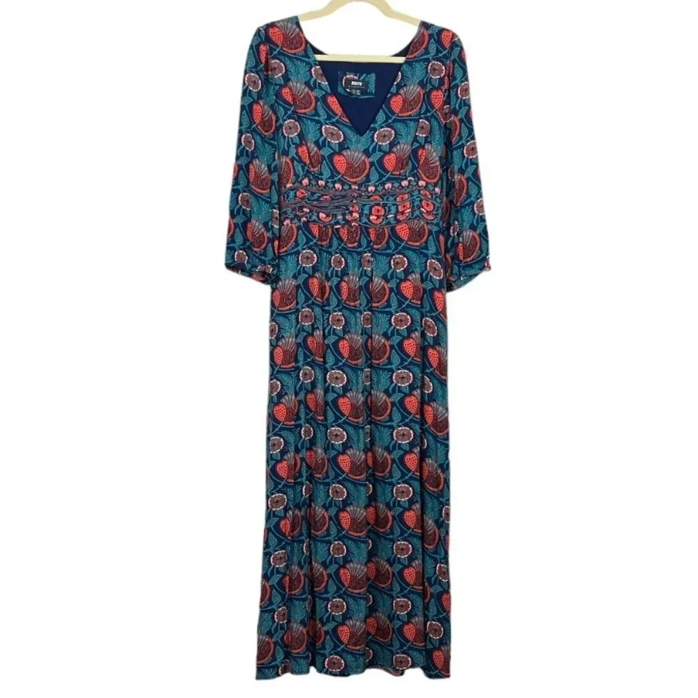 Anthropologie Teal Maxi Dress with Red Floral Print
